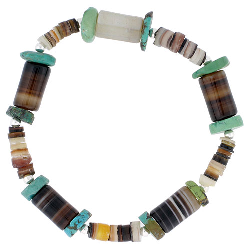Natural Turquoise & Sea Shells Stretch Bracelet Sterling Silver Beads, 7 inch