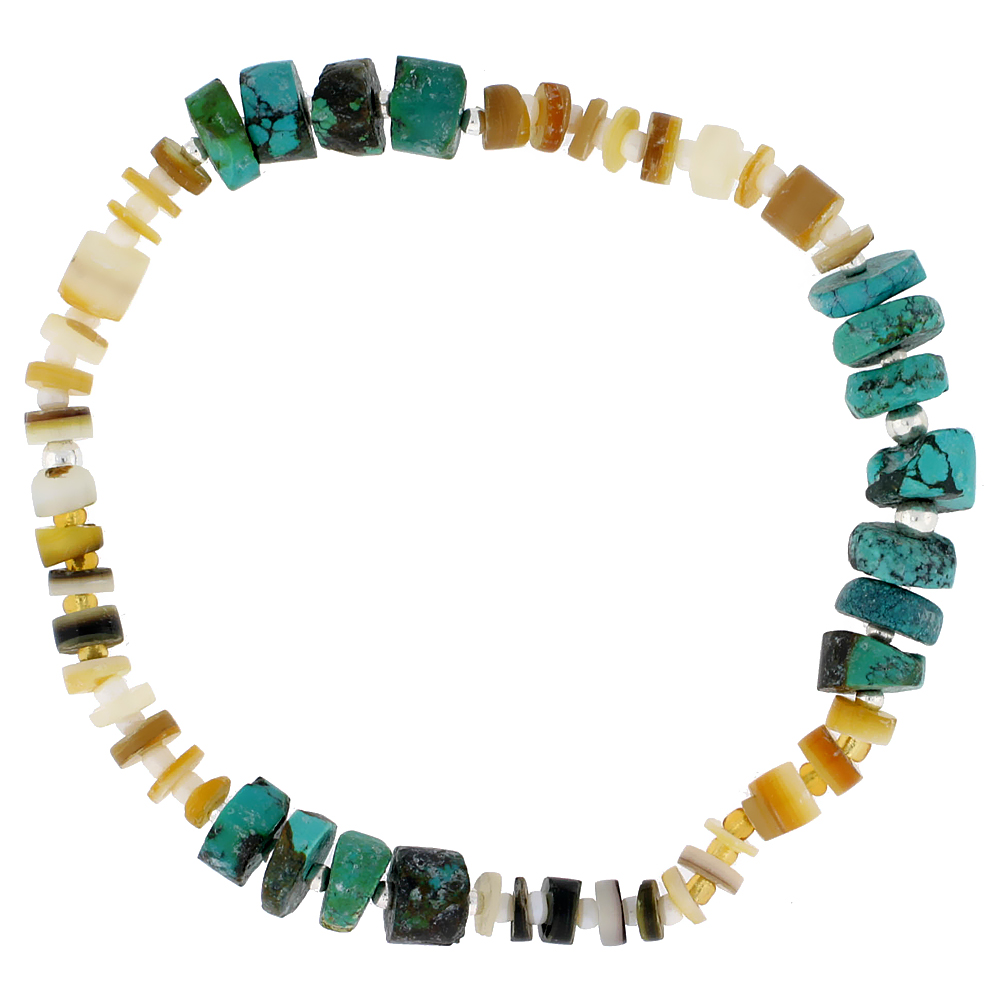 Natural Shell & Turquoise Stretch Bracelet Sterling Silver Beads, 7 inch