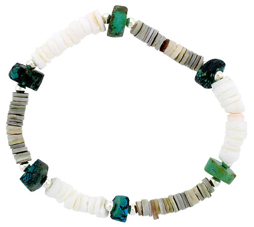 Natural Shell & Green Turquoise Stretch Bracelet Sterling Silver Beads, 7 inch