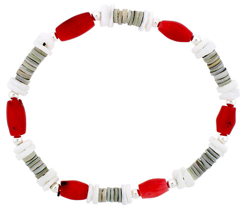 Natural Sea Shells & Coral Stretch Bracelet Sterling Silver Beads, 7 inch
