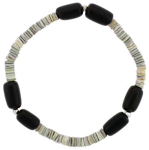 Natural Brown & Gray Shell Stretch Bracelet Sterling Silver Beads, 7 inch