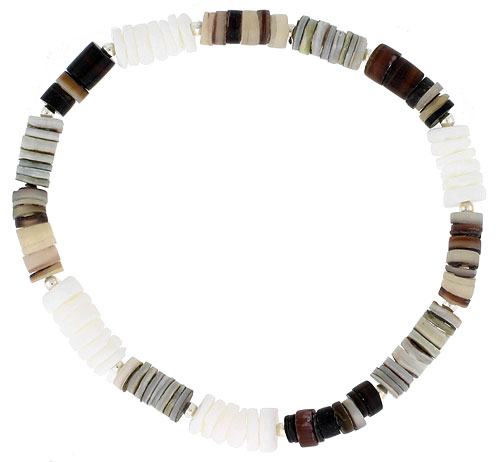 Natural Sea Shells Stretch Bracelet Sterling Silver Beads, 7 inch