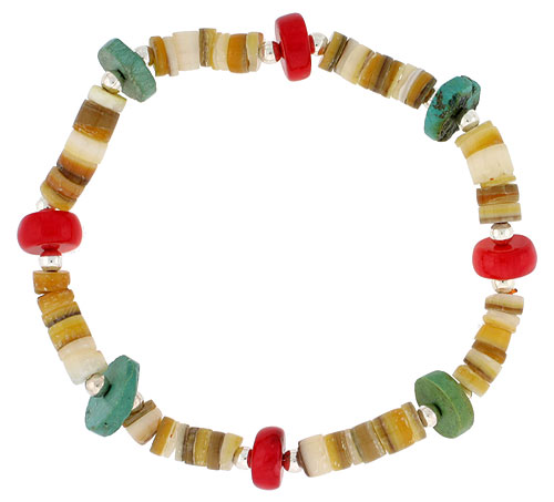 Natural Coral Turquoise Sea Shells Stretch Bracelet Sterling Silver Beads, 7 inch
