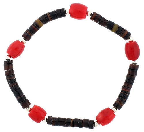 Natural Brown Shell & Coral Stretch Bracelet Sterling Silver Beads, 7 inch