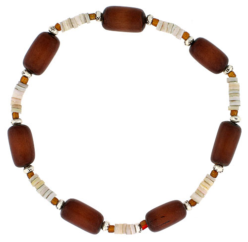 Natural Sea Shells Stretch Bracelet Sterling Silver Beads, 7 inch