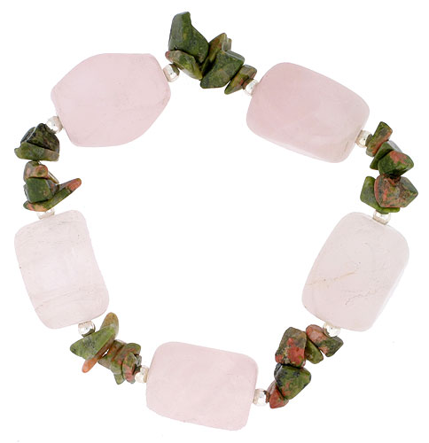 Natural Rose Quartz & Unakite Stretch Bracelet Sterling Silver Beads, 7 inch