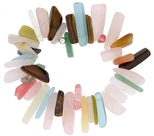 Natural Rose Quartz Assorted Stones Stretch Bracelet Sterling Silver Beads, 7 inch