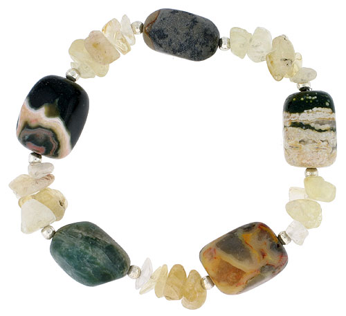 Natural Multi color Stretch Bracelet Sterling Silver Beads, 7 inch