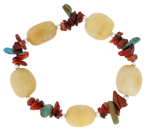 Natural Serpentine Carnelian & Turquoise Stretch Bracelet Sterling Silver Beads, 7 inch