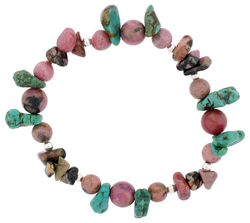 Natural Turquoise & Rhodonite Stretch Bracelet Sterling Silver Beads, 7 inch