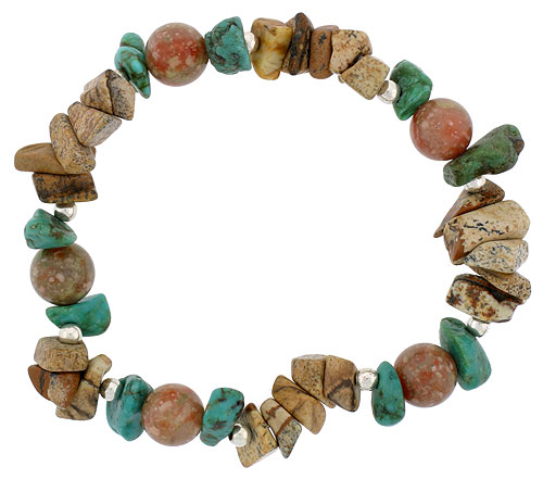 Natural Turquoise & Picture Jasper Stretch Bracelet Sterling Silver Beads, 7 inch