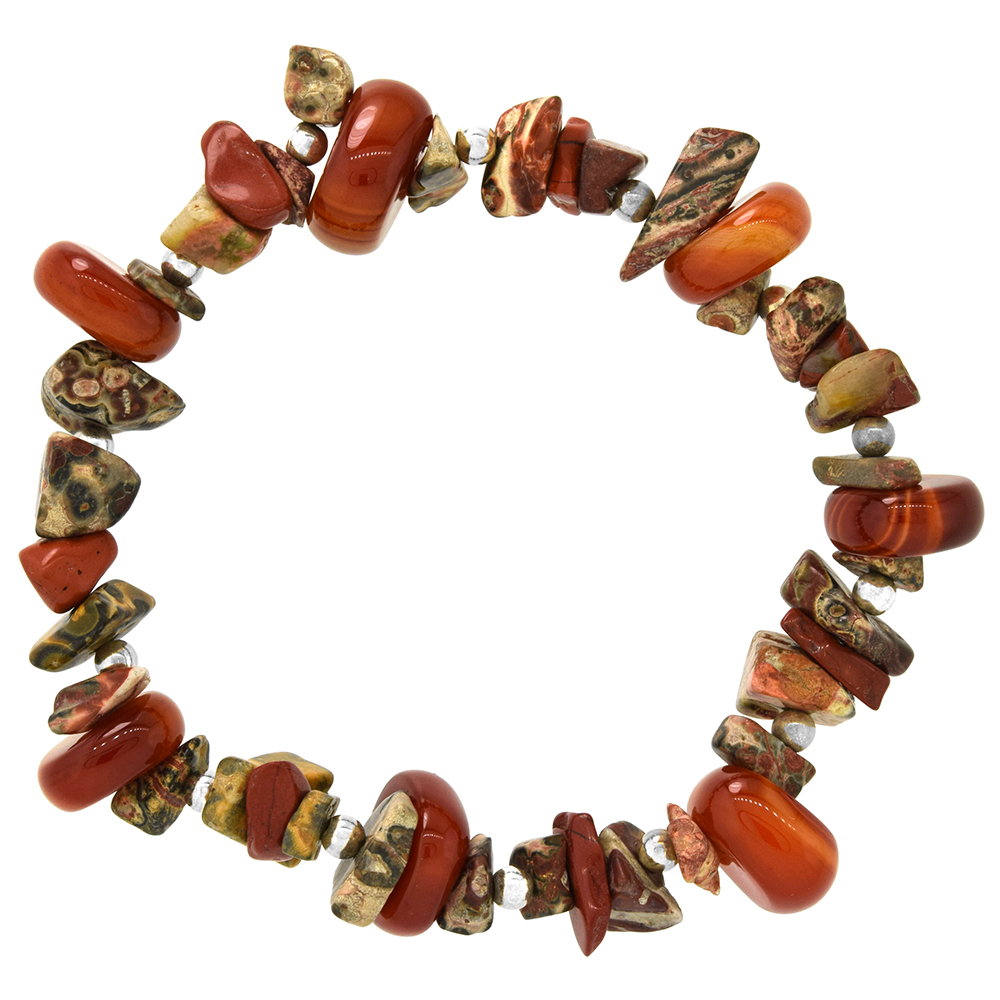 Natural Carnelian & Leopard Skin Stretch Bracelet Sterling Silver Beads, 7 inch