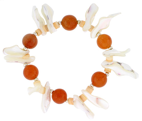 Natural Shell & Aventurine Stretch Bracelet Sterling Silver Beads, 7 inch