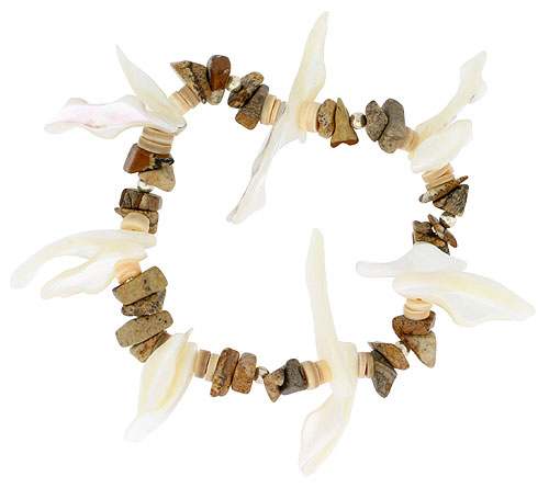 Natural Shell & Picture Jasper Stretch Bracelet Sterling Silver Beads, 7 inch