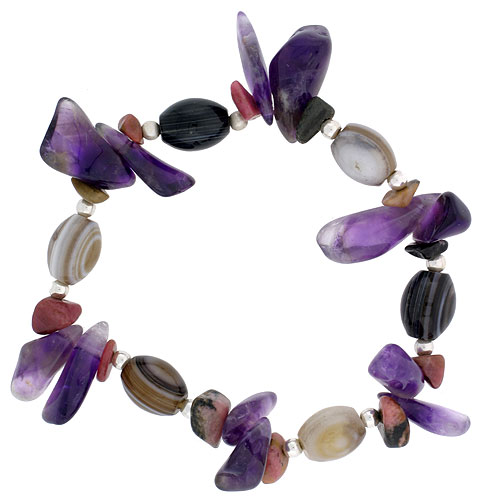 Natural Shell & Amethyst Stretch Bracelet Sterling Silver Beads, 7 inch
