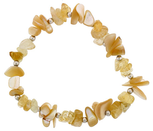 Natural Shell & Citrine Stretch Bracelet Sterling Silver Beads, 7 inch