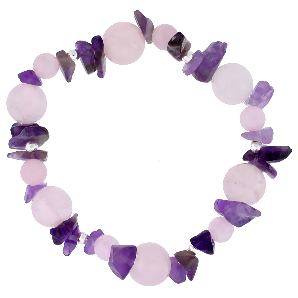 Natural Amethyst & Rose Quartz Stretch Bracelet Sterling Silver Beads, 7 inch