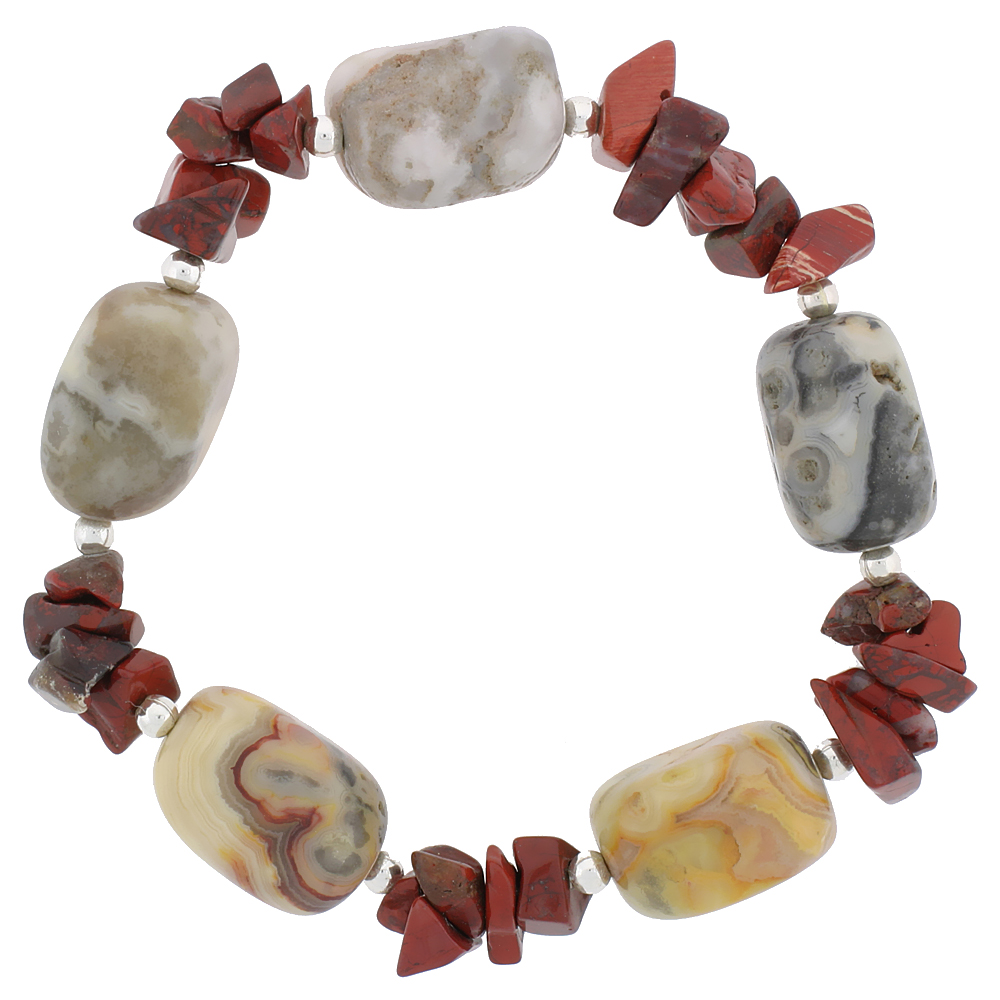 Natural Picture Jasper & Leopard Skin Stretch Bracelet Sterling Silver Beads, 7 inch