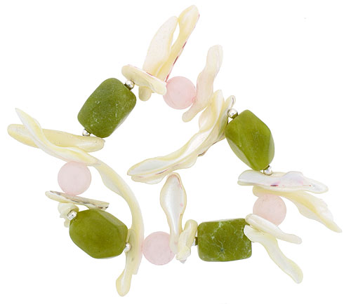 Natural Shell Moss Agate & Rose Quartz Stretch Bracelet Sterling Silver Beads, 7 inch