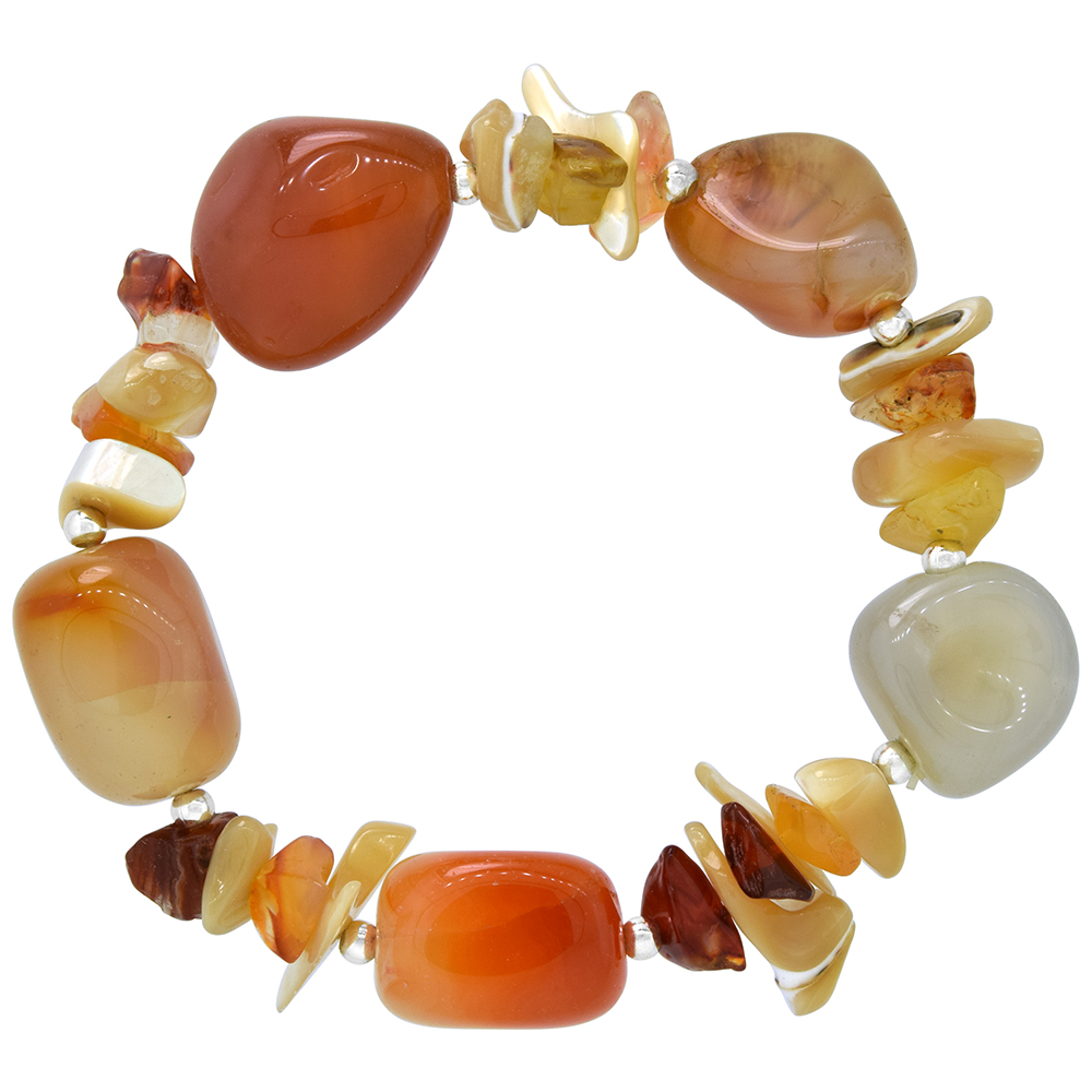 Natural Shell Carnelian & Aventurine Stretch Bracelet Sterling Silver Beads, 7 inch