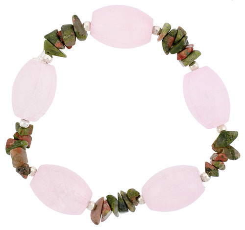 Natural Rose Quartz & Unakite Stretch Bracelet Sterling Silver Beads, 7 inch