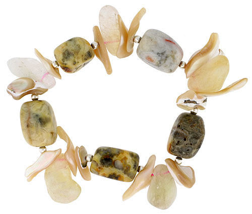 Natural Dalmatine & Rutilated Quartz Stretch Bracelet Sterling Silver Beads, 7 inch