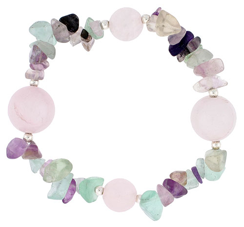 Natural Rose Quartz Stretch Bracelet Sterling Silver Beads, 7 inch