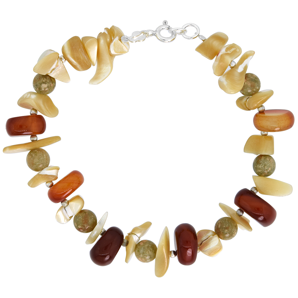 Natural Shell Unakite & Carnelian Bracelet Sterling Silver Findings, 7 inch