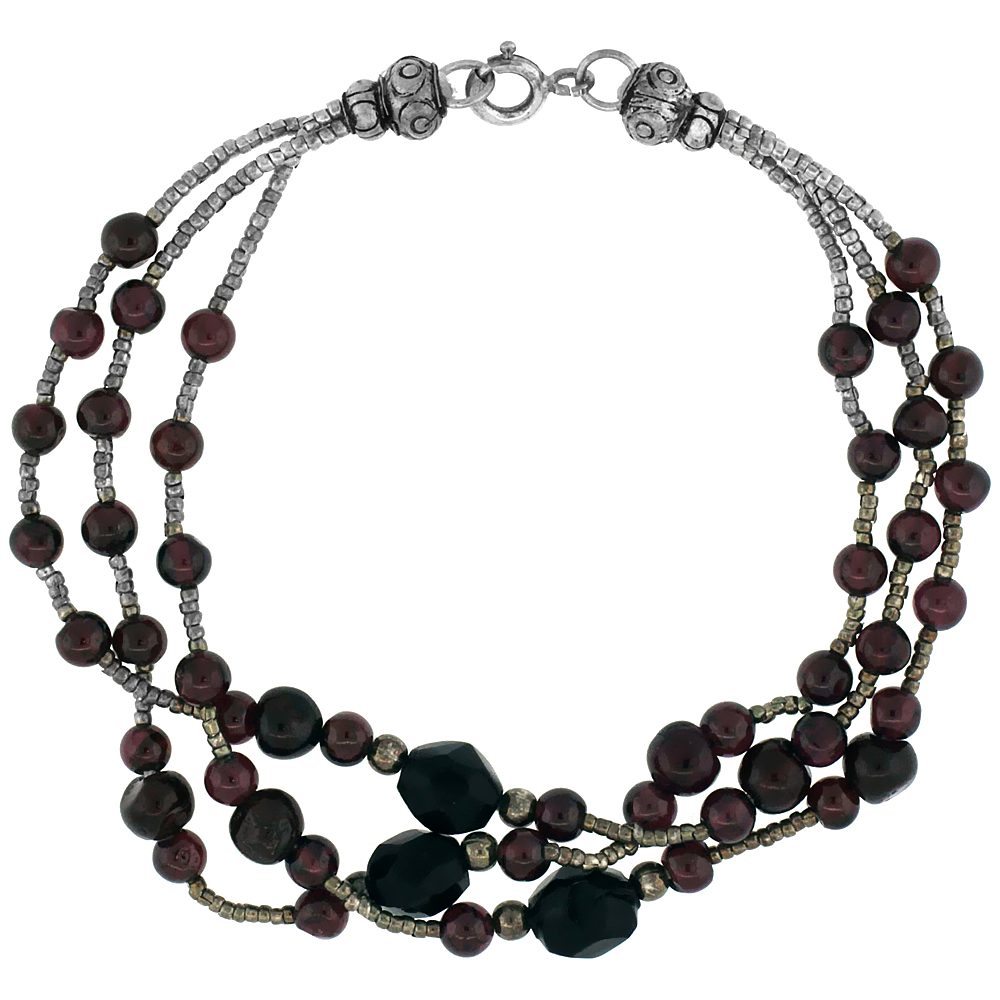 7 1/2 in. Sterling Silver 3-Strand Bead Bracelet w/ Garnet Beads & Black Onyx Stones