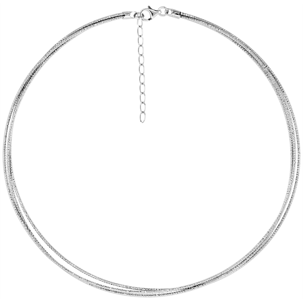 Sparkling Rhodium Plated Sterling Silver 3 Layer Round Omega Necklace Bracelet Set for Women 1.5 mm Diamond cut Nickel Free Italy