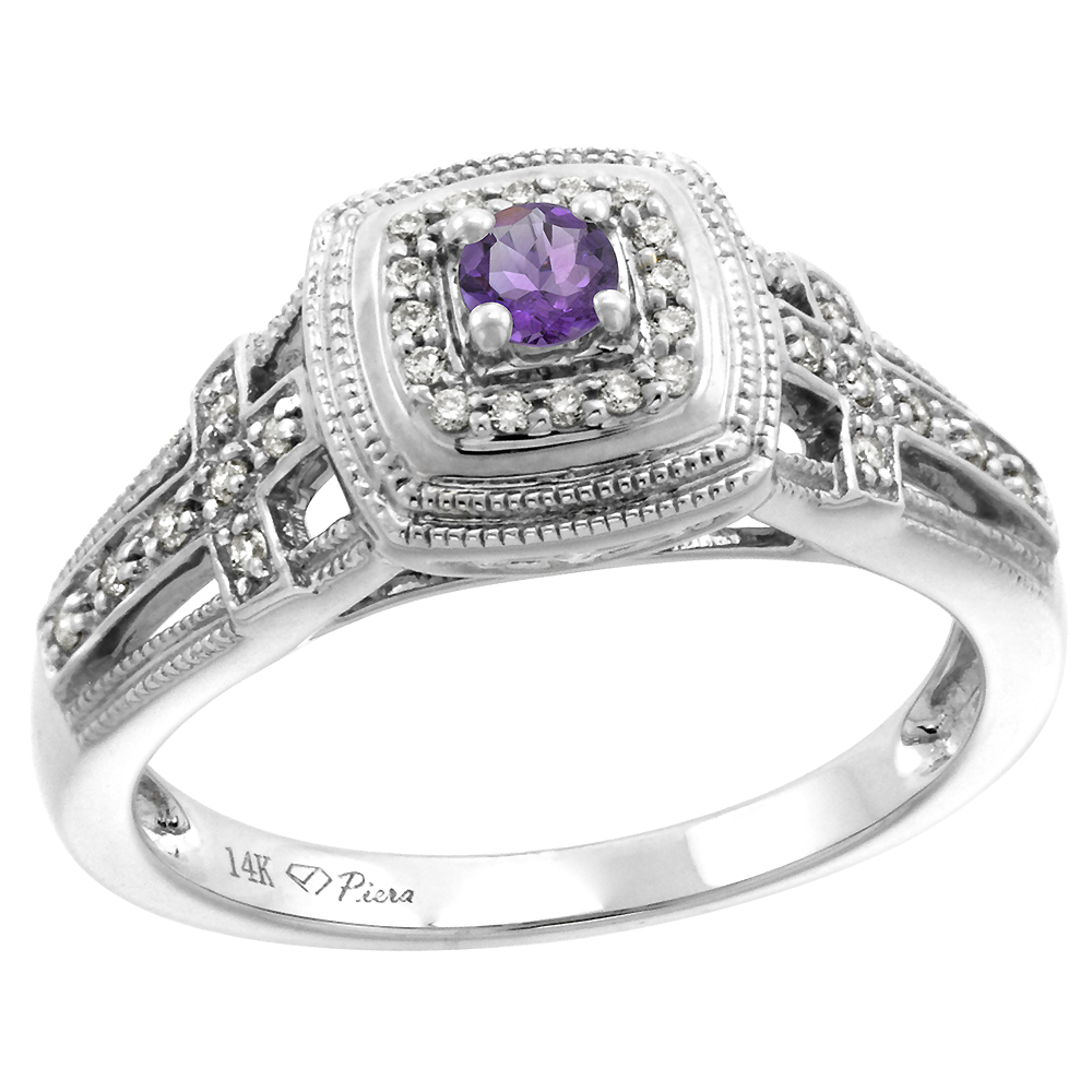 14k White Gold Genuine Diamond & Amethyst Engagement Ring Round Brilliant cut 3mm, size 5-10