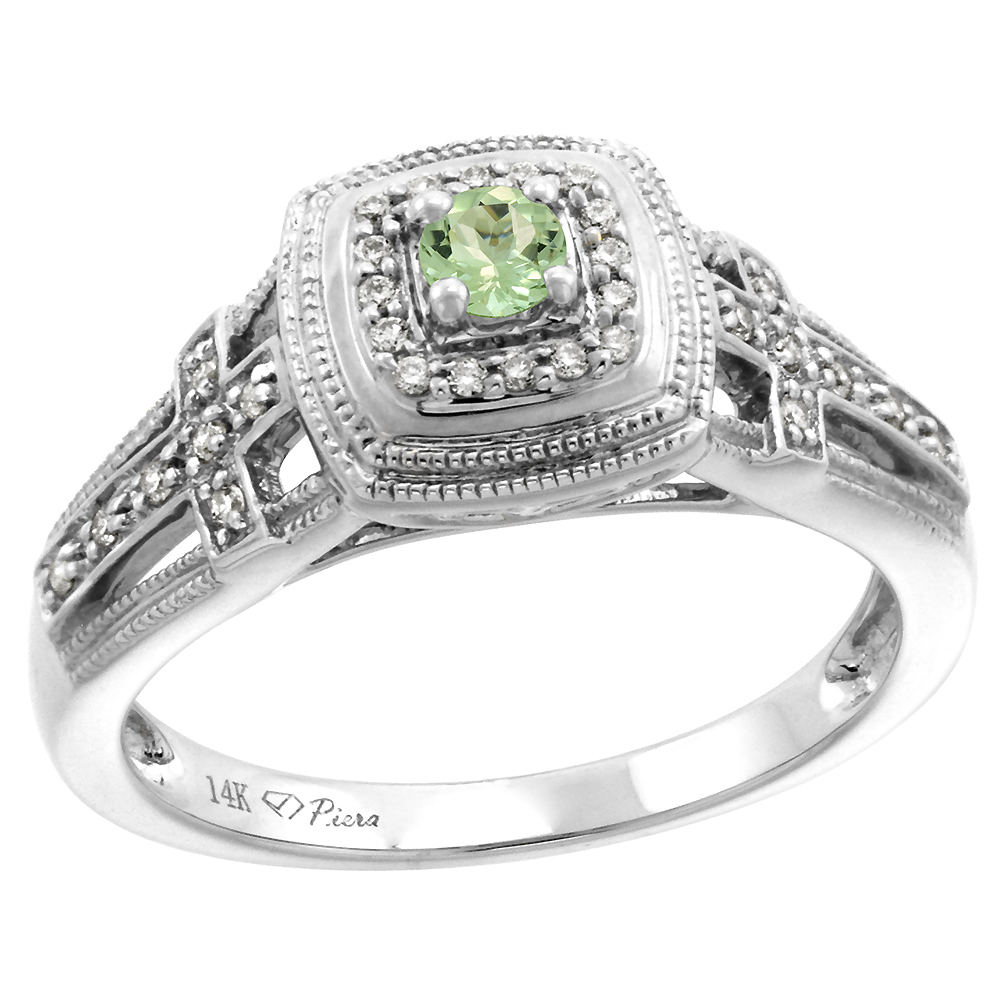 14k White Gold Genuine Diamond & Green Amethyst Engagement Ring Round Brilliant cut 3mm, size 5-10