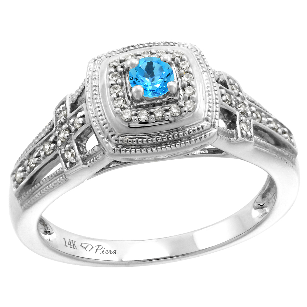 14k White Gold Genuine Diamond & Swiss Blue Topaz Engagement Ring Round Brilliant cut 3mm, size 5-10