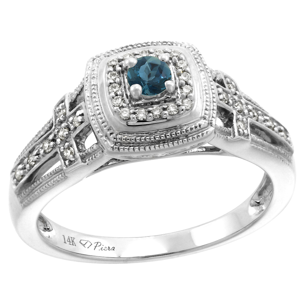14k White Gold Genuine Diamond & London Blue Topaz Engagement Ring Round Brilliant cut 3mm, size 5-10