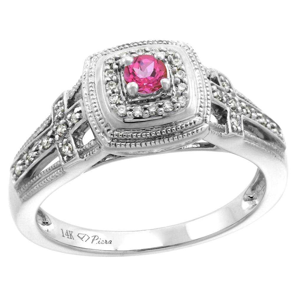 14k White Gold Genuine Diamond & Pink Topaz Engagement Ring Round Brilliant cut 3mm, size 5-10