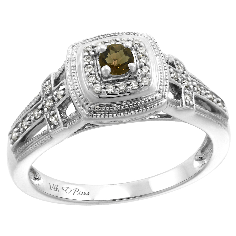 14k White Gold Genuine Diamond & Smoky Topaz Engagement Ring Round Brilliant cut 3mm, size 5-10