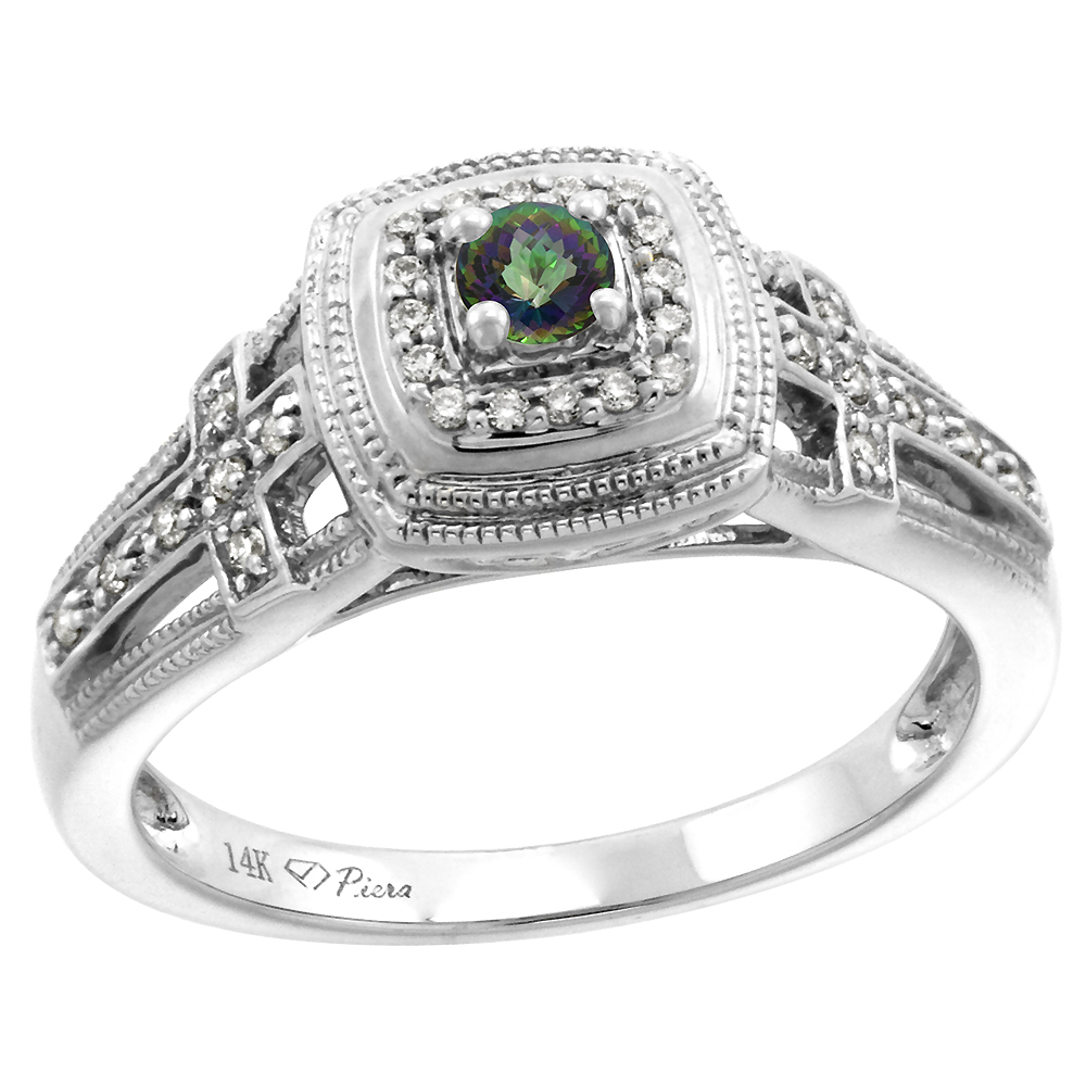 14k White Gold Genuine Diamond & Mystic Topaz Engagement Ring Round Brilliant cut 3mm, size 5-10