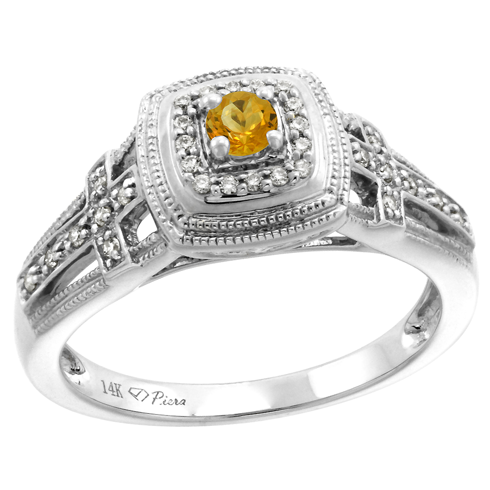 14k White Gold Genuine Diamond & Citrine Engagement Ring Round Brilliant cut 3mm, size 5-10
