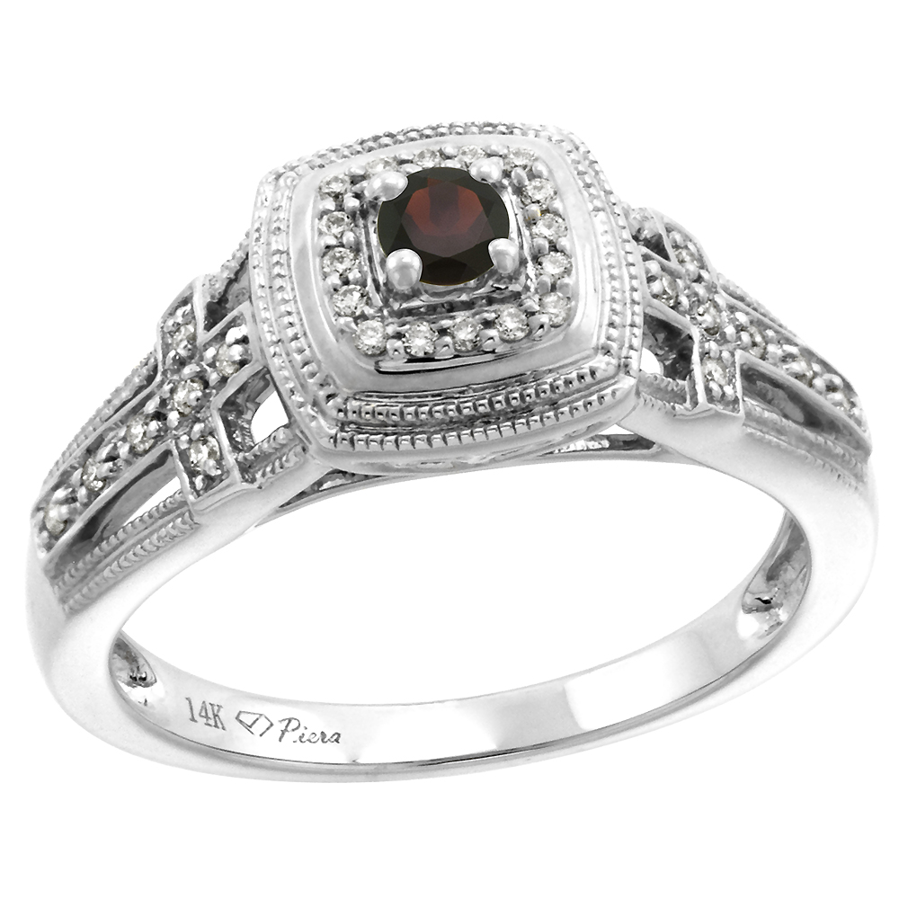 14k White Gold Genuine Diamond & Garnet Engagement Ring Round Brilliant cut 3mm, size 5-10