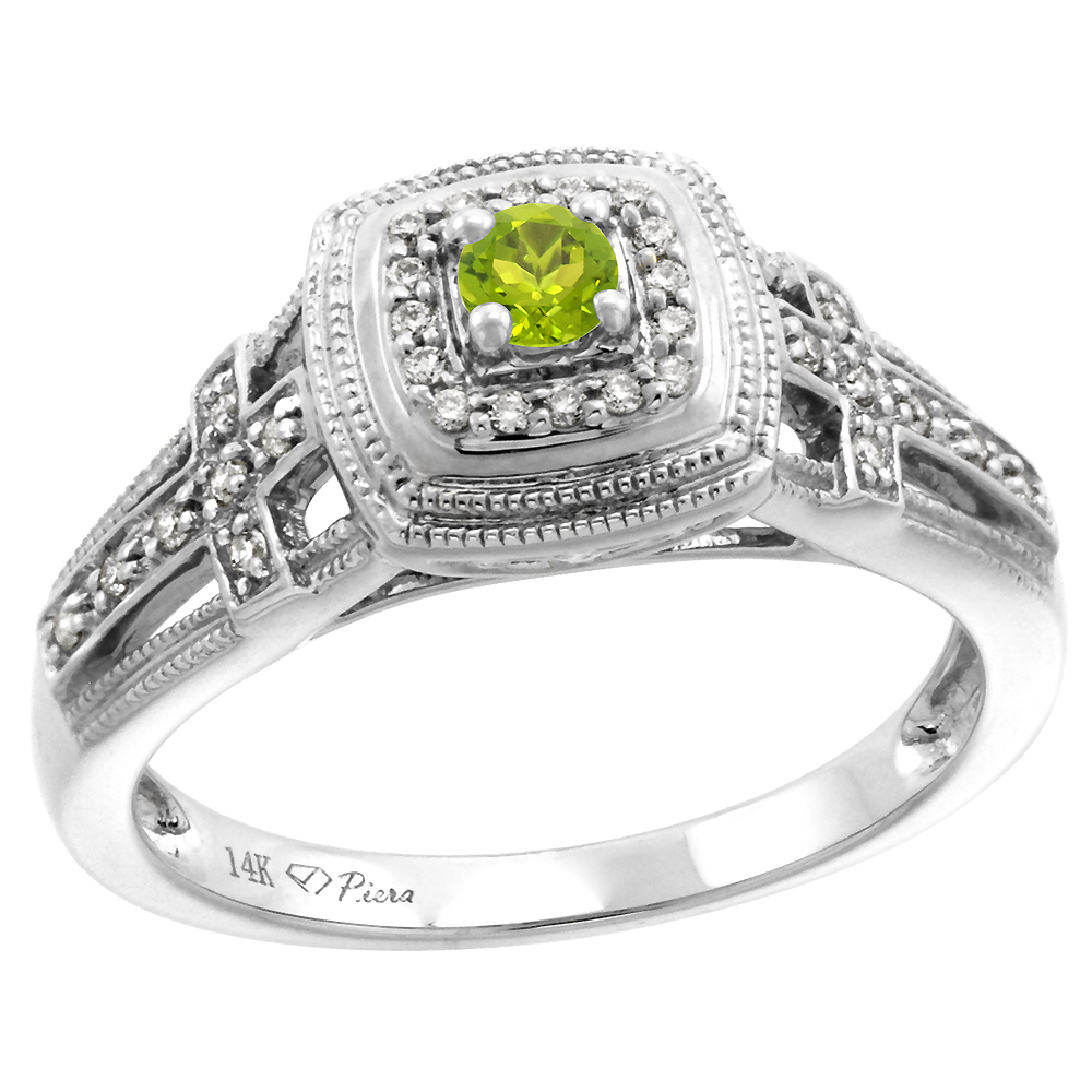 14k White Gold Genuine Diamond & Peridot Engagement Ring Round Brilliant cut 3mm, size 5-10