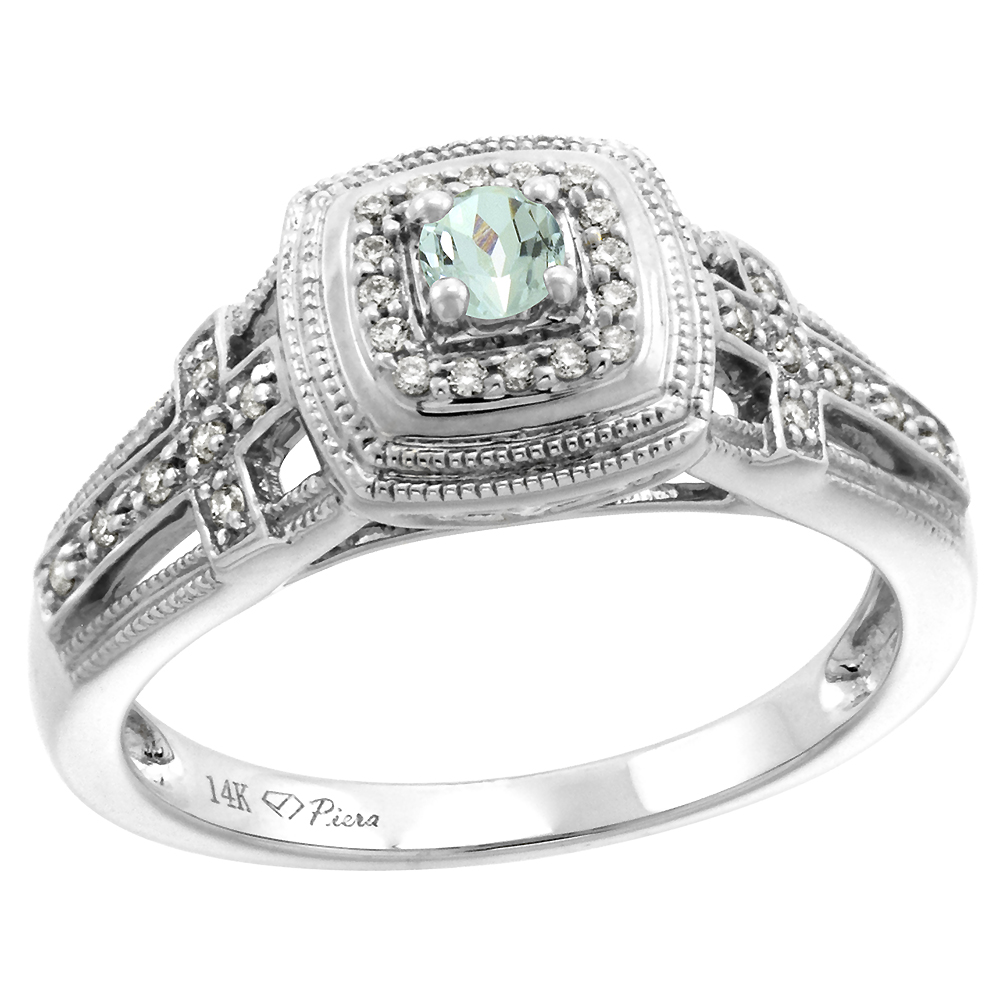 14k White Gold Genuine Diamond & Aquamarine Engagement Ring Round Brilliant cut 3mm, size 5-10