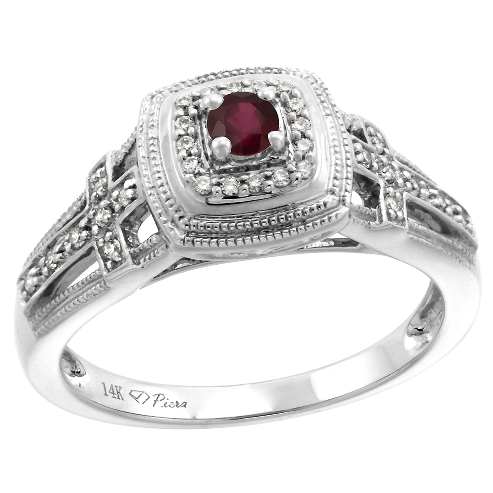 14k White Gold Genuine Diamond & Enhanced Genuine Ruby Engagement Ring Round Brilliant cut 3mm, size 5-10
