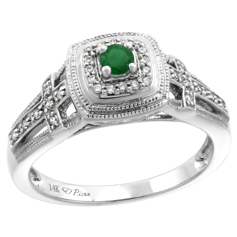14k White Gold Genuine Diamond & Emerald Engagement Ring Round Brilliant cut 3mm, size 5-10