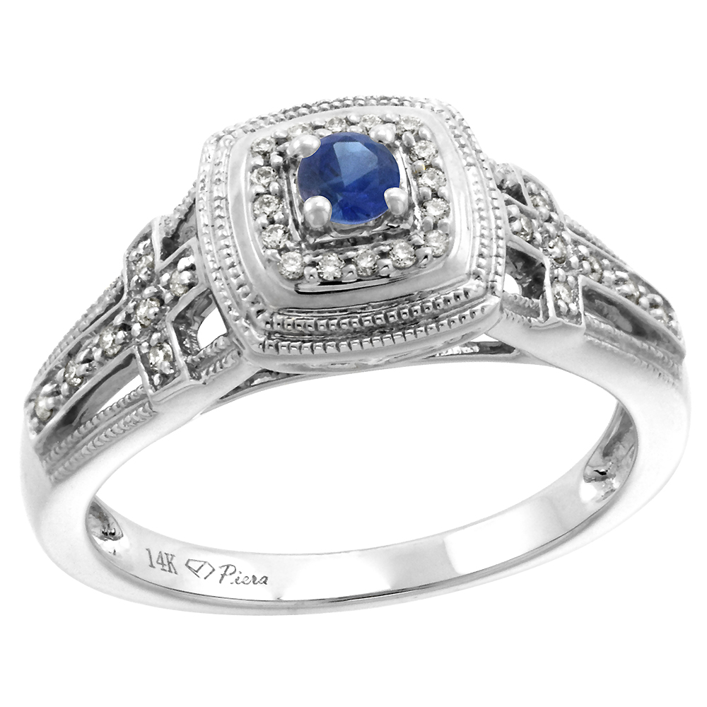 14k White Gold Genuine Diamond & Blue Sapphire Engagement Ring Round Brilliant cut 3mm, size 5-10