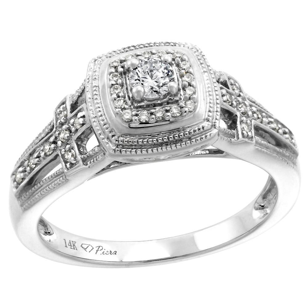14k White Gold Genuine Diamond Engagement Ring 0.24 cttw Round Brilliant cut 3mm, size 5-10
