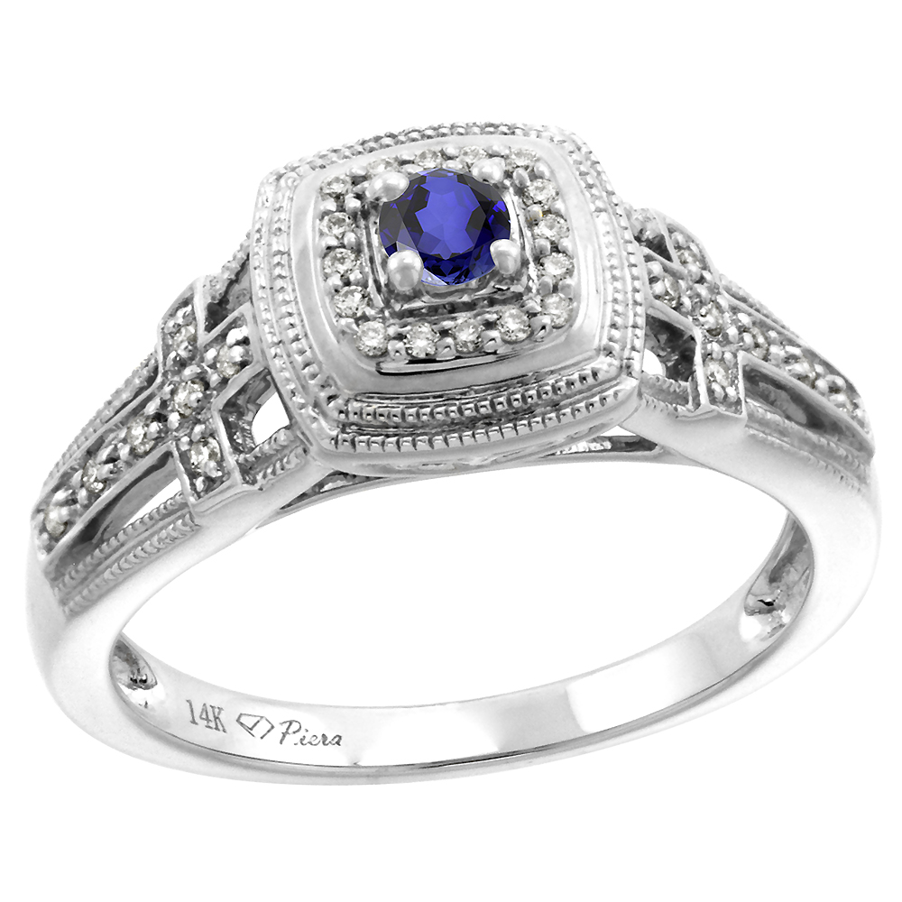 14k White Gold Genuine Diamond & Tanzanite Engagement Ring Round Brilliant cut 3mm, size 5-10