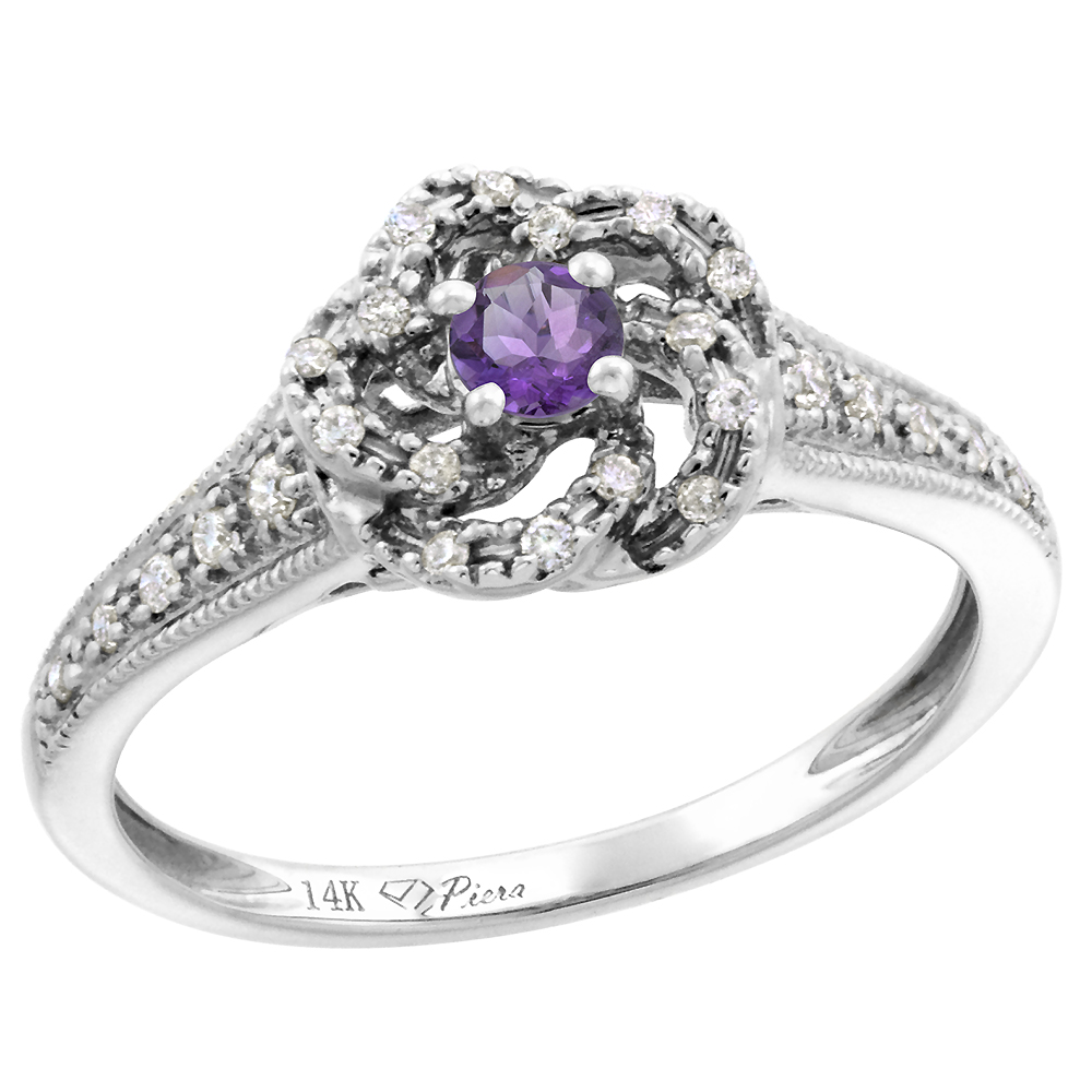 14k White Gold Diamond Genuine Amethyst Swirl Engagement Ring Round Brilliant cut 3mm, size 5-10