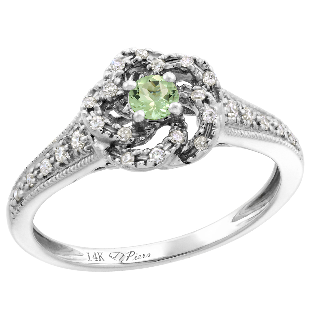 14k White Gold Diamond Genuine Green Amethyst Swirl Engagement Ring Round Brilliant cut 3mm, size 5-10