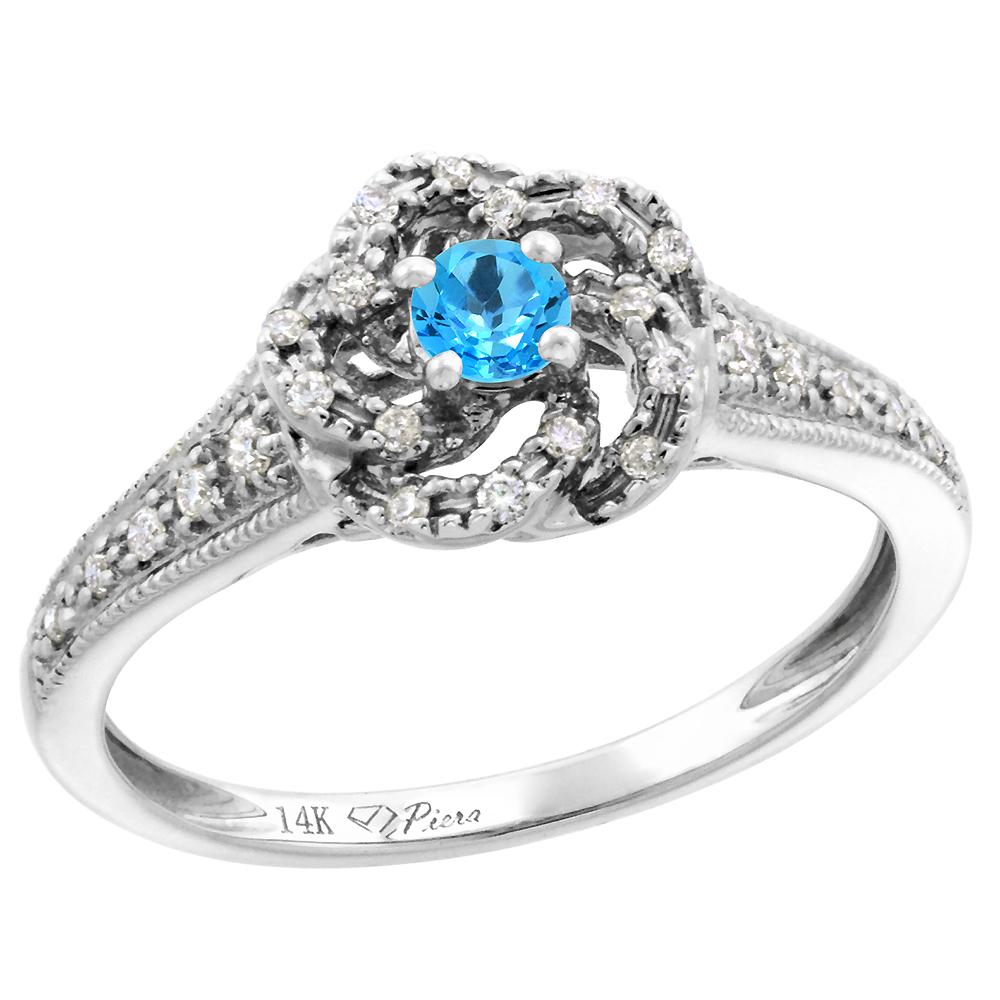 14k White Gold Diamond Genuine Swiss Blue Topaz Swirl Engagement Ring Round Brilliant cut 3mm, size 5 -10