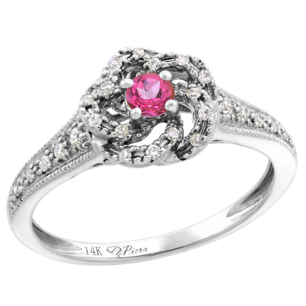14k White Gold Diamond Genuine Pink Topaz Swirl Engagement Ring Round Brilliant cut 3mm, size 5-10
